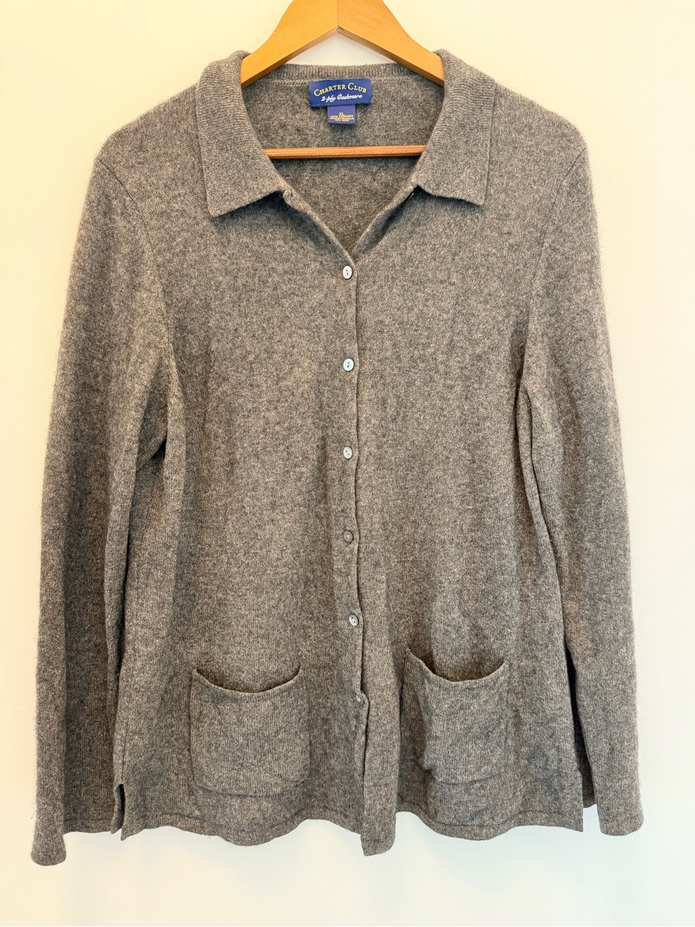 Charter Club Heather Gray Button-Up Cashmere Cardigan with Pockets